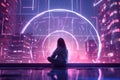 female in front of futuristic urban city with futuristic neon Royalty Free Stock Photo