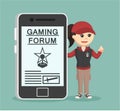 Female gamer with gaming forum on smartphone