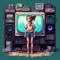 Female gamer with retro gaming consoles pixel art