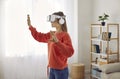 Woman wearing innovative virtual reality headset experiencing what future is like