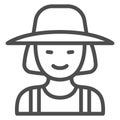 Female gardener line icon, Garden and gardening concept, Gardener woman sign on white background, female farmer in hat