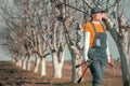 Female gardener posing with telescopic ratchet bypass lopper in walnut orchard ready for pruning