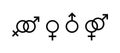 Female gender, male gender. Set of black icons, gender sign or symbol. Astronomy, adchemy, heterosexuality