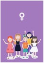 Female gender symbol icon over multiple women icons against purple background