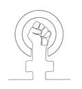 Female gender symbol and raised fist feminism one line vector drawing or logo illustration design. Outline Symbol of Royalty Free Stock Photo