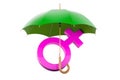 Female gender symbol under umbrella, protect women concept. 3D rendering