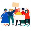 Women holding signs, picketing. Vector illustration in flat style. Isolated on white background