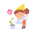 Female gnome holding watering can in hand to water flower in flowerpot, happy magic girl