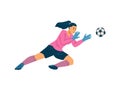 Female goalkeeper catches the ball during soccer game, flat vector illustration isolated on white background.