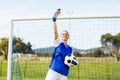 Female goalkeeper holding a ball and gesturing