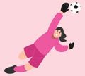 Female goalkeeper trying to catch a soccer ball. Vector flat illustration.