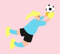 Female goalkeeper trying to catch a soccer ball. Playing football, soccer. Vector flat illustration.