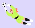 Female goalkeeper trying to catch a soccer ball. Playing football, soccer. Vector flat illustration.