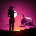 Female Golfer Sunset in the Background Silhouette Design Royalty Free Stock Photo