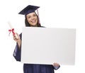 Female Graduate in Cap and Gown Holding Blank Sign, Diploma Royalty Free Stock Photo
