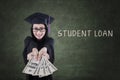 Female graduate get money from student loan Royalty Free Stock Photo