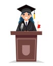 Female graduate solemn tribune speech character flat design vector illustration