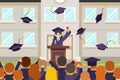 Female graduate tribune speech crowd students celebrate rejoice flying graduation hats solemn character flat design