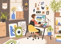 Female graphic designer, illustrator or freelance worker sitting at desk and work on computer at home. Creativity