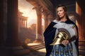Female greek warlord with cloak and golden helmet