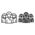 Female group line and solid icon. Three women in uniform, office workers team symbol, outline style pictogram on white Royalty Free Stock Photo