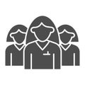 Female group solid icon. Three women in uniform, office workers team symbol, glyph style pictogram on white background