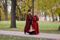 Museum guides in ornate traditional Russian garments at Kolomenskoye, Moscow