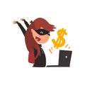 Female Hacker in Black Mask Stealing Money Using Laptop, Internet Crime, Computer Security Technology Cartoon Vector Royalty Free Stock Photo