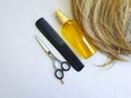 female hair, oil, comb scissors therapy