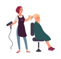 Female hairdresser blow-dry with hairdryer hair of her smiling client sitting in chair. Happy woman in hairdressing Royalty Free Stock Photo