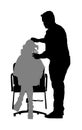Female hairdresser with client lady in beauty salon vector silhouette. Woman in barbers chair getting haircut by hair stylist.