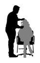 Female hairdresser with client lady in hairdress beauty salon silhouette. Woman in barber`s chair getting haircut