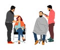 Female hairdresser with client lady in hairdress beauty salon . Woman in barber`s chair getting haircut by hair stylist.