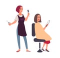 Female hairdresser cutting hair of her happy client sitting in chair and looking in mirror. Smiling women in