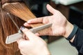 Female hairdresser is cutting woman hair close up Royalty Free Stock Photo