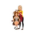 Female hairdresser making hairstyle using curling iron to young woman, professional hair stylist at workplace cartoon