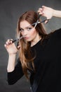 Female hairstylist barber with scissors. Royalty Free Stock Photo