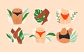 Female hairy body set. Woman unshaved legs, back, armpits with trendy underwear, body positive fashion concept. Vector