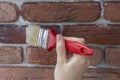 Female hand applies varnish to a decorative facing brick