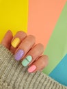 Female hand beautiful manicure stylish colorful different