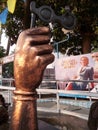 A female hand with a binocular, a replica of Satyajit Ray film placed on Nandan campus for Calcutta international film festival Royalty Free Stock Photo