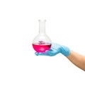 Female hand in a blue rubber glove holds a flask of red medicine on white background isolate Royalty Free Stock Photo