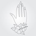 Female hand with a bracelet of flowers, manicure. Outline drawing for registration of women in blogs, websites and articles