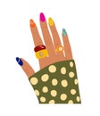 Female hand with bright colorful manicure vector.
