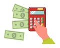 Female hand with a calculator and money vector.