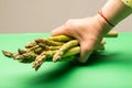 Female hand catching asparagus