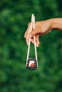 A female hand with chopsticks holds a sushi roll, on a green background Royalty Free Stock Photo