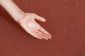 Female hand collects salt crystals on surface of healing pink lake. The unique pink salt is used in alternative medicine and