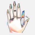 Female hand with colorful nails holds nail polish, trendy nail design