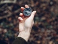 Female hand with compass on background of forest, point of view Royalty Free Stock Photo